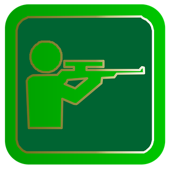 A Green And Gold Sign With A Person Holding A Gun