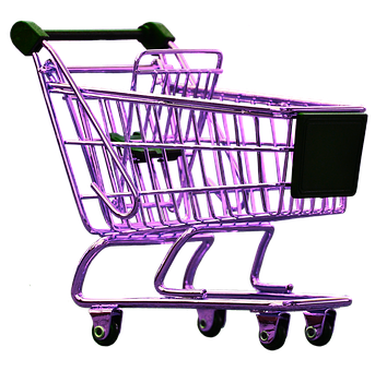 A Purple Shopping Cart With Black Wheels