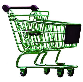 A Green Shopping Cart With Black Wheels