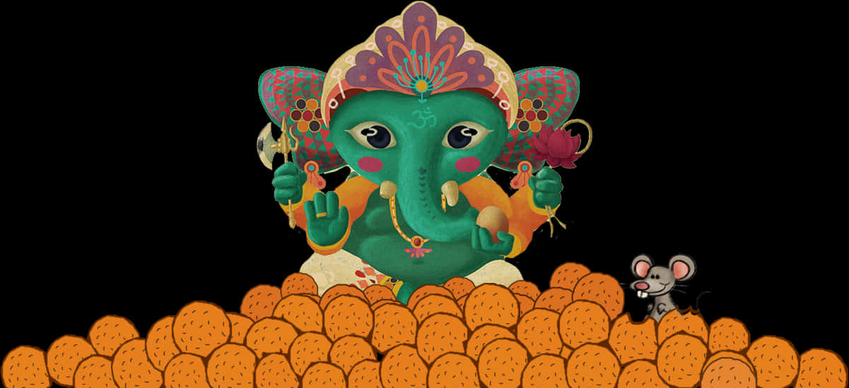 A Green Ganesha With A Flower And Orange Balls