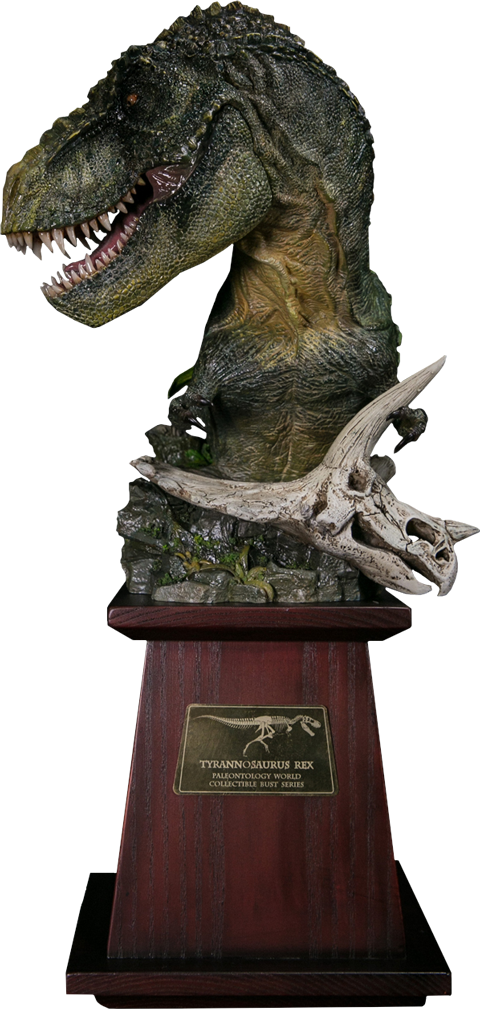 A Dinosaur Statue On A Wooden Stand
