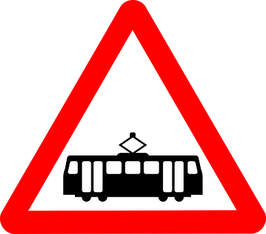A Red And White Sign With A Black And White Sign With A Trolley On It