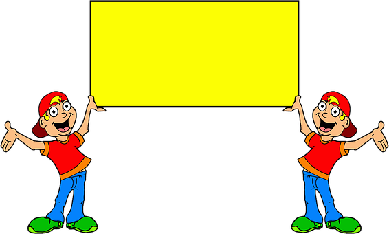 A Cartoon Of Two People Holding A Yellow Sign