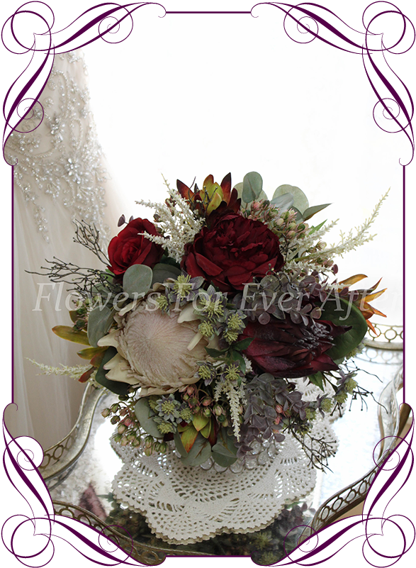 Silk Artificial Ivory And Burgundy Protea And Australian - Rustic Cake Small Flower Arrangements, Hd Png Download