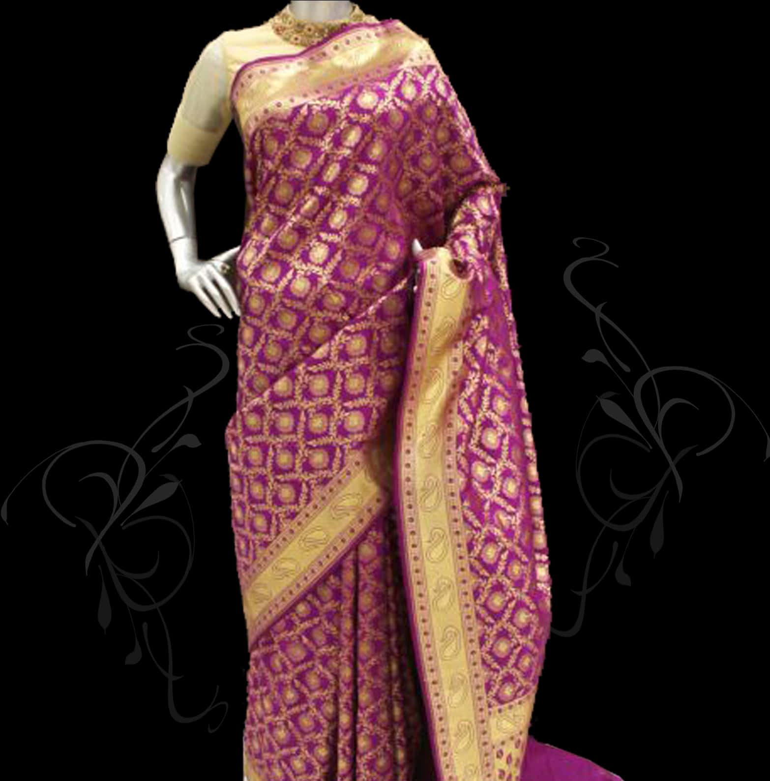 A Mannequin Wearing A Purple And Gold Sari