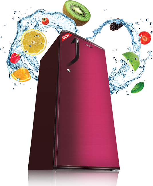 A Red Refrigerator With Fruits Splashing Out Of It
