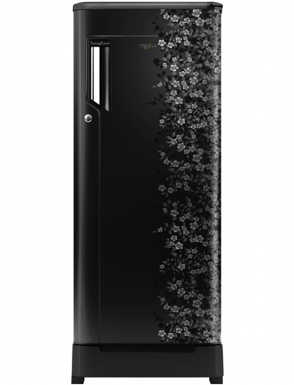 A Black Refrigerator With A Floral Design
