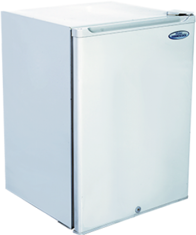 A Small White Refrigerator With A Black Background