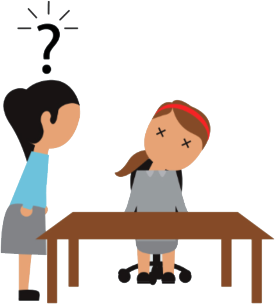 Cartoon Of A Girl Sitting At A Table With A Question Mark Above Her Head