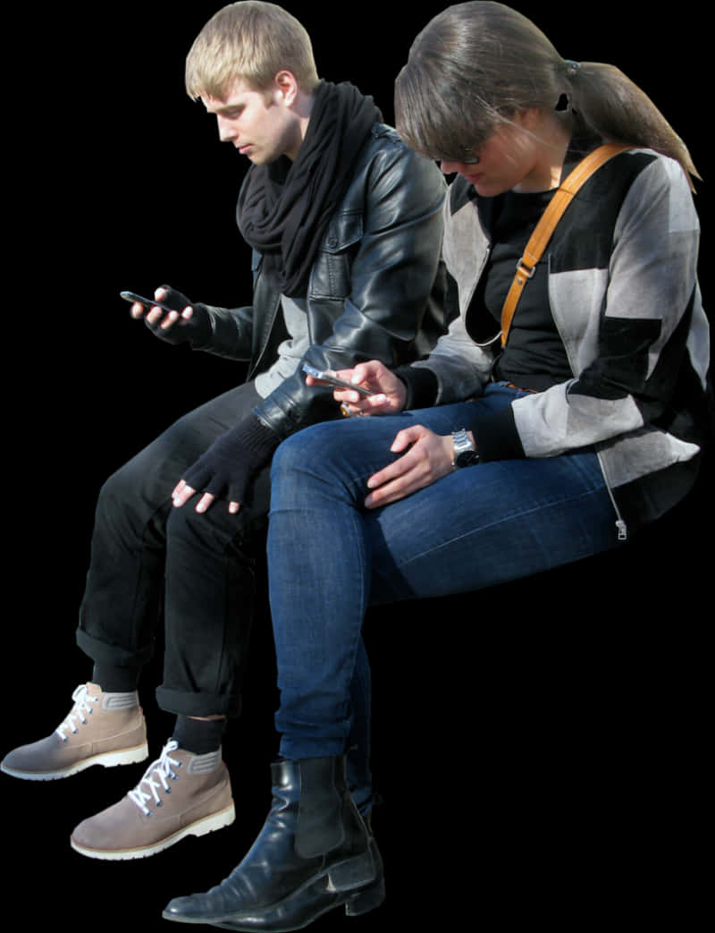 A Man And Woman Sitting On A Bench Looking At Their Phones