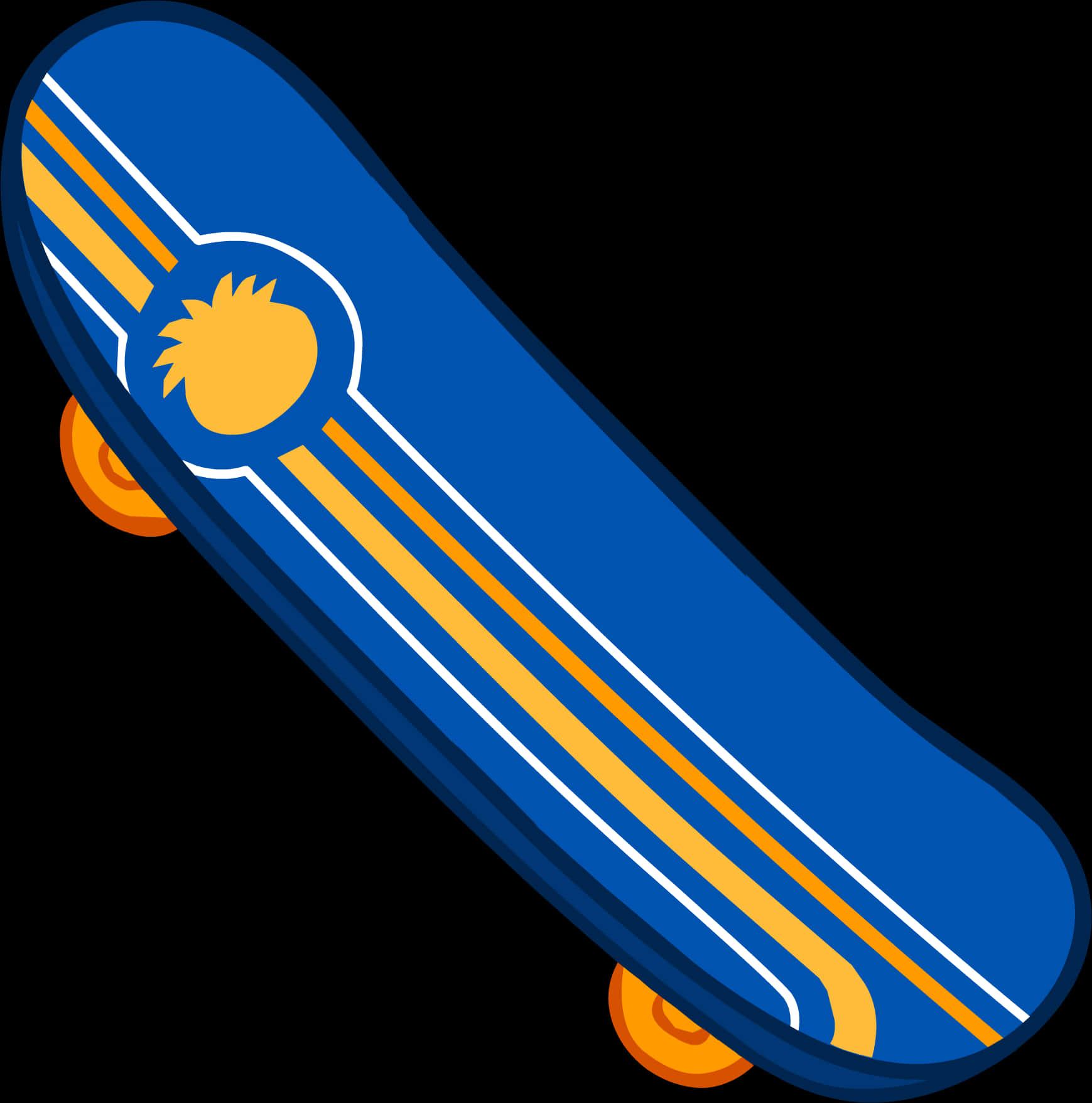 A Blue And Orange Skateboard With Yellow Wheels