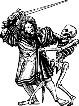 A Black And White Drawing Of A Man And A Skeleton