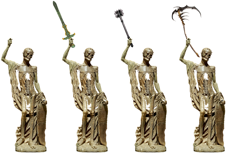 A Group Of Statues Of Skeletons Holding Swords