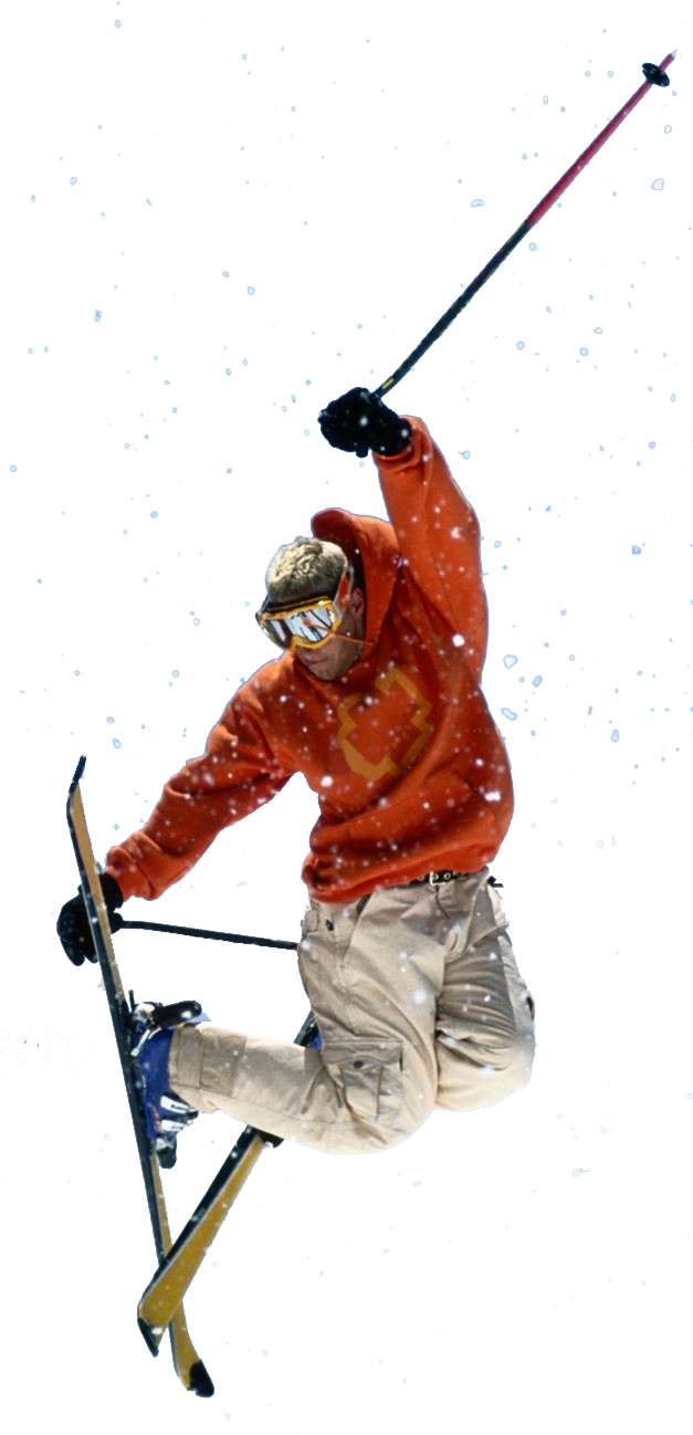 A Man In Orange Jacket And Goggles Holding A Ski Pole
