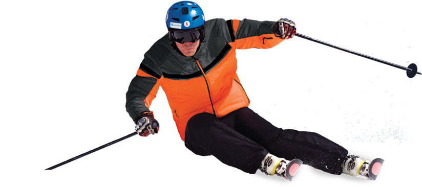 A Man In An Orange And Black Ski Suit