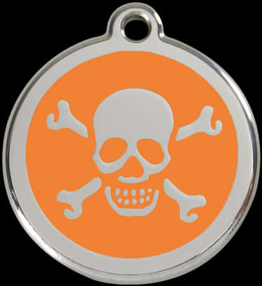 A Round Orange And White Tag With A Skull And Bones On It
