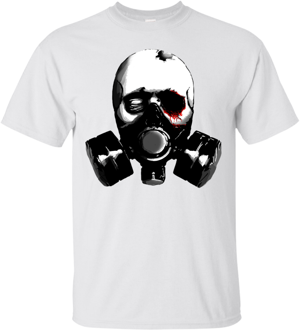 A White T-shirt With A Skull Wearing A Gas Mask