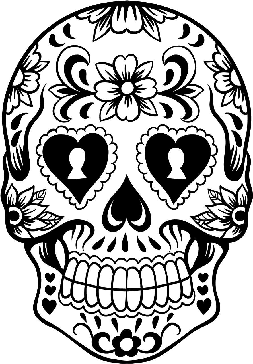 A Black And White Skull With Flowers And Hearts
