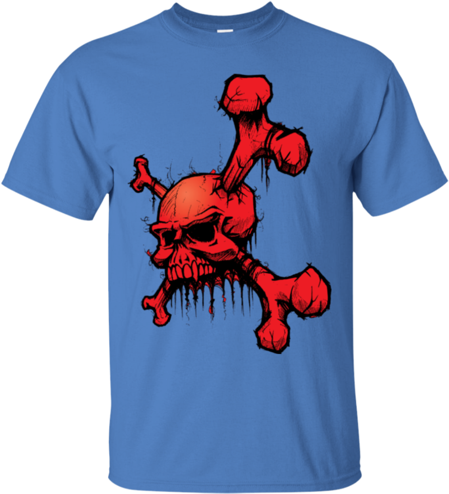 A Blue T-shirt With A Red Skull And Bones