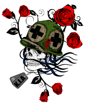 A Skull Wearing A Green Helmet With Red Roses Around It