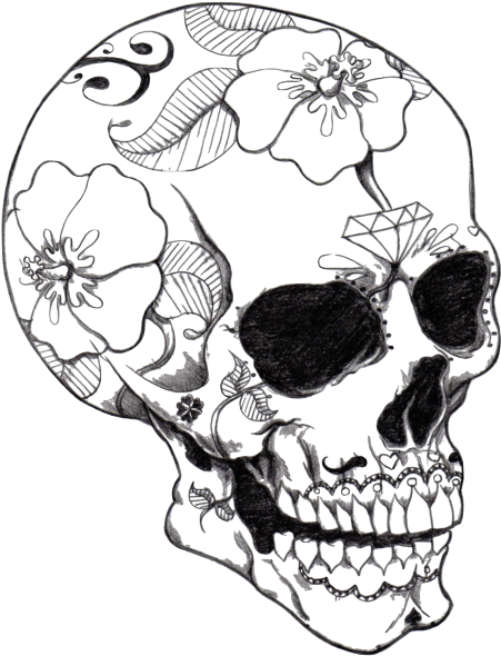 A Drawing Of A Skull With Flowers