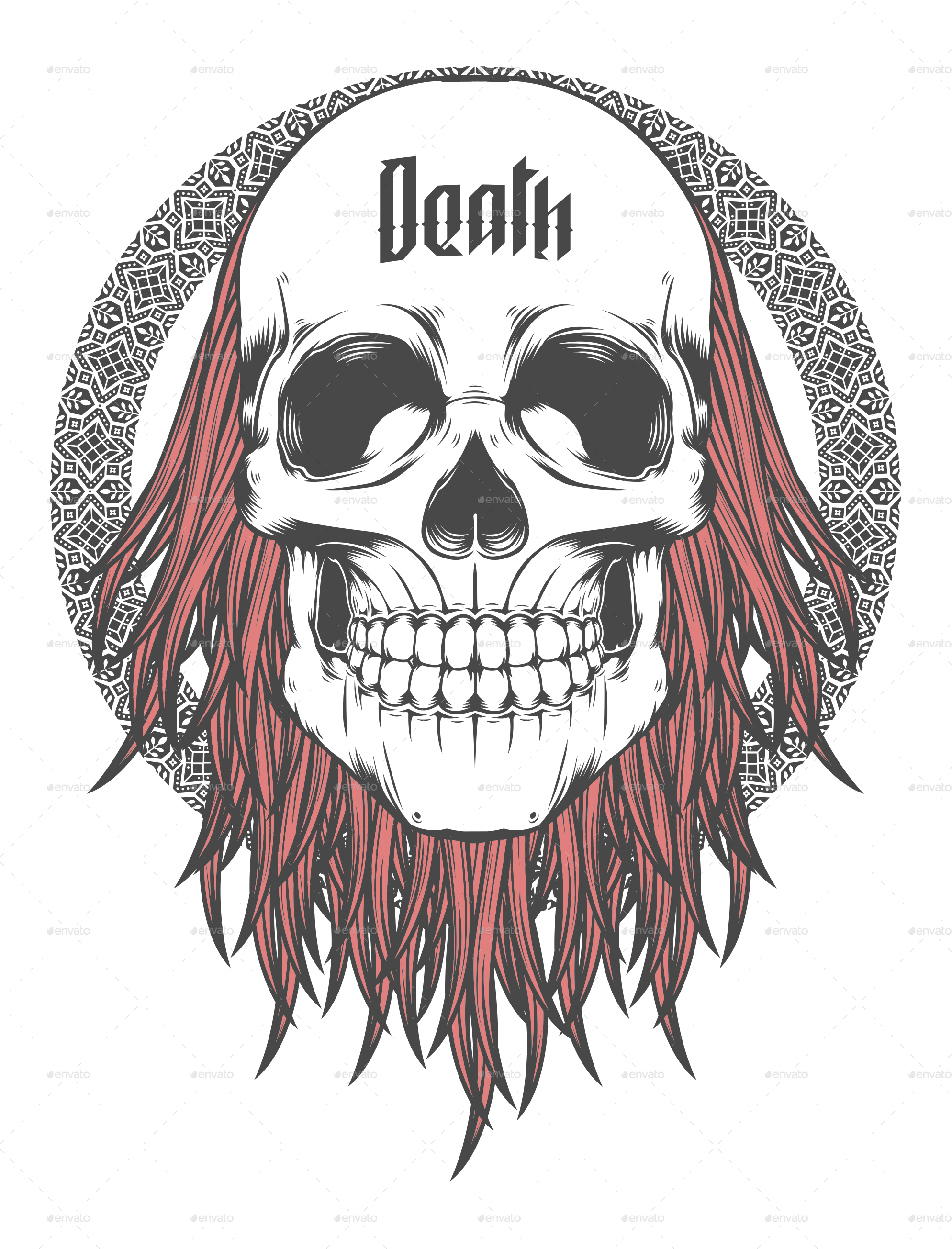 A Skull With Long Hair And Text