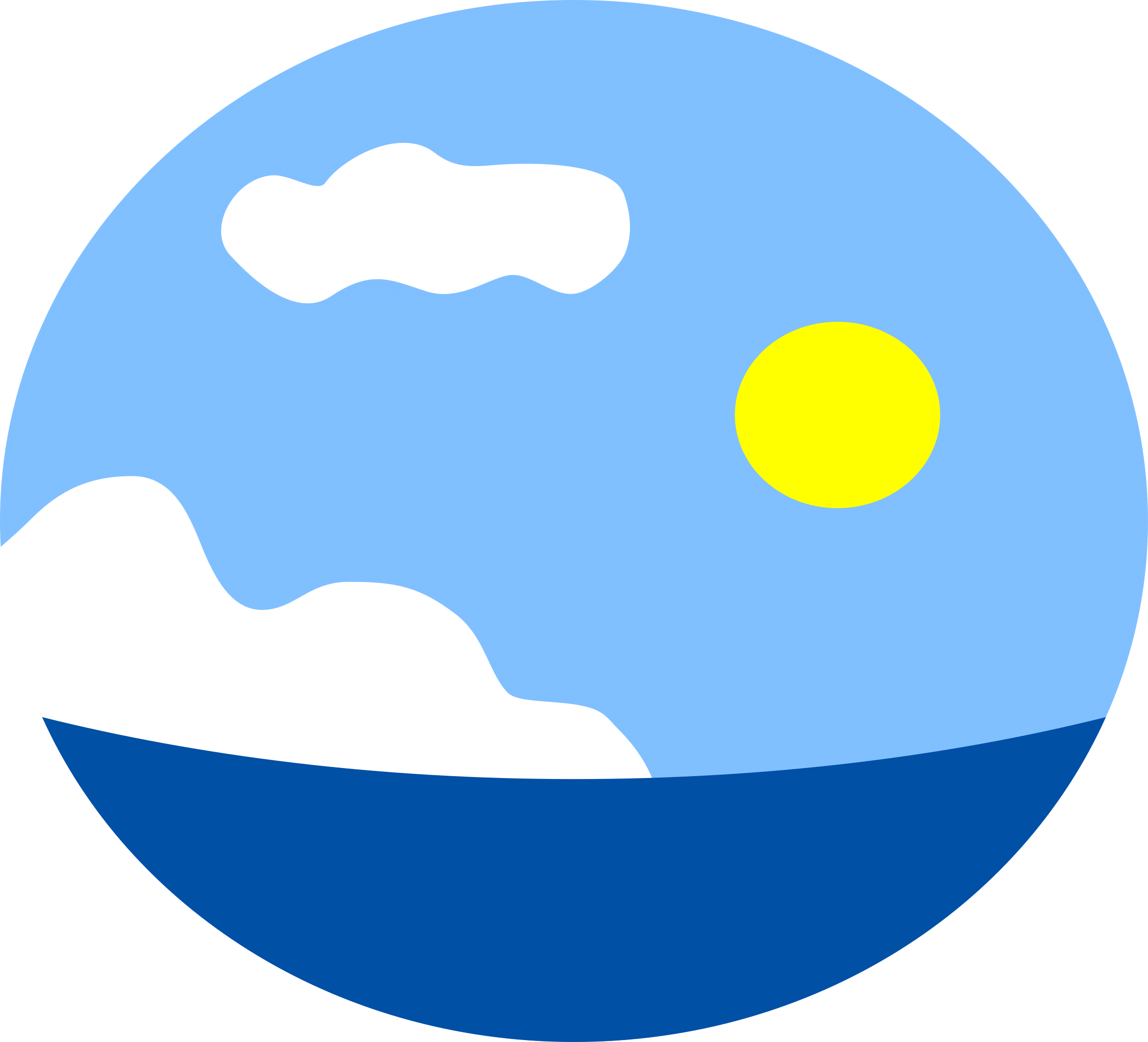 A Blue Circle With A Yellow Sun And Clouds