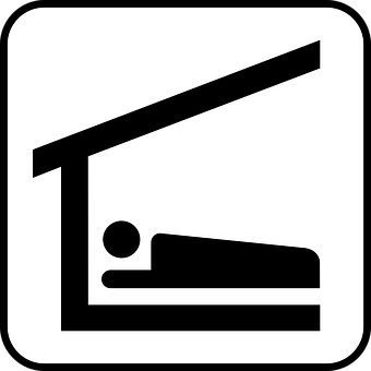 A Black And White Sign With A Person Lying In A Shelter