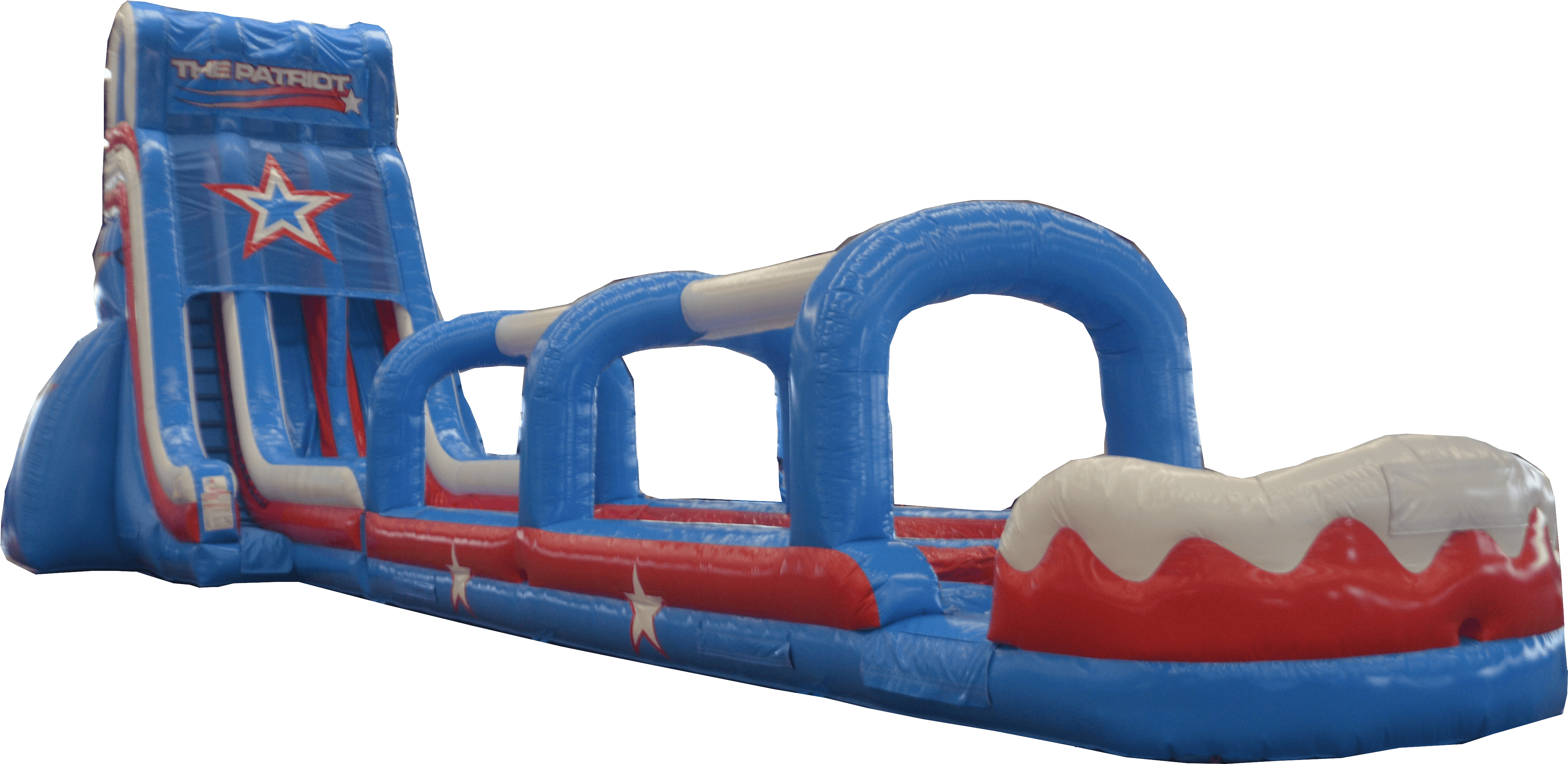 A Red White And Blue Inflatable Obstacle Course