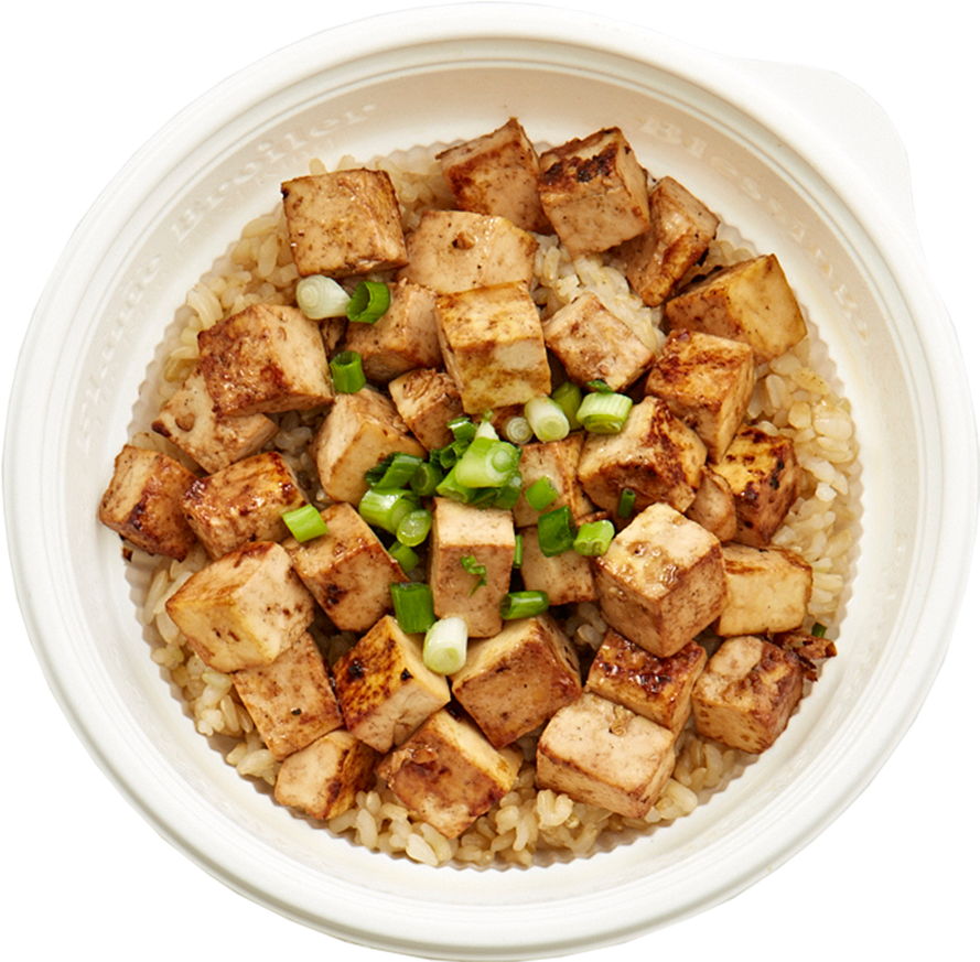 A Bowl Of Food With Tofu And Rice