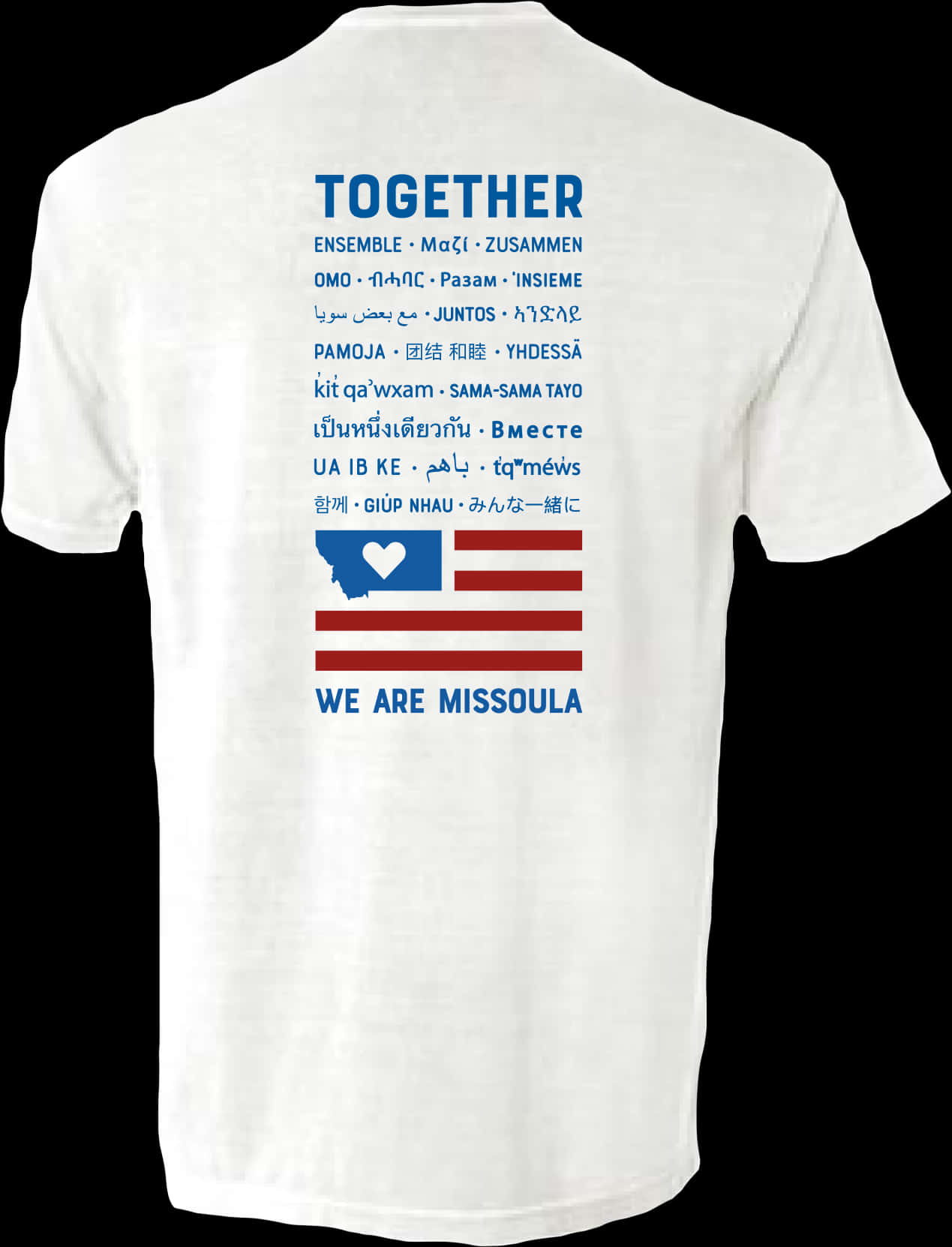 A White Shirt With Red And Blue Text