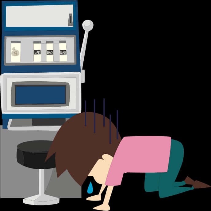 A Cartoon Of A Person Kneeling Next To A Slot Machine