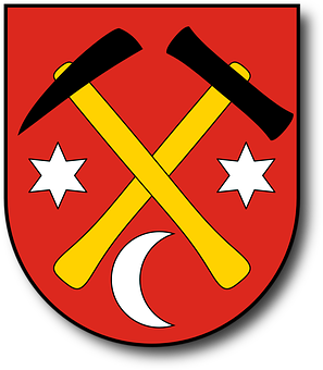 A Red And Black Shield With Yellow Crossed Axes And Stars
