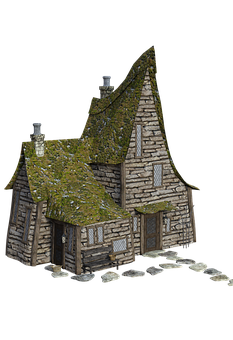 A Stone House With Moss On The Roof