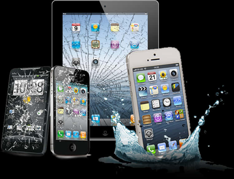 A Group Of Cell Phones And A Tablet Splashing Into Water