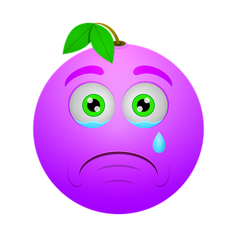 A Purple Cartoon Face With Green Eyes And A Tear On It