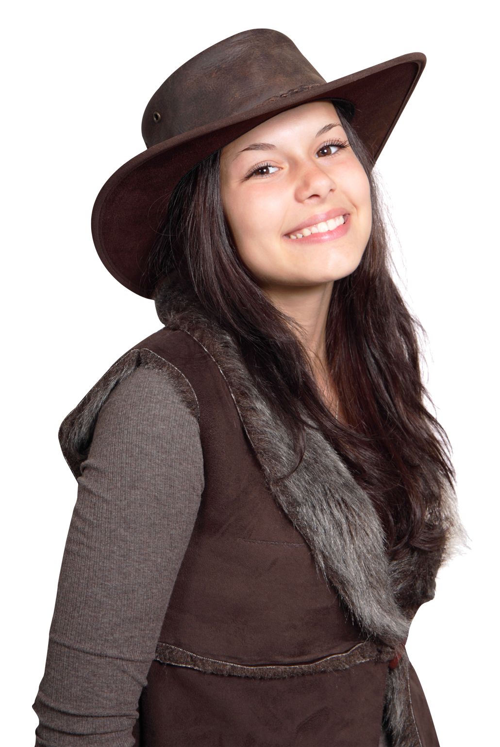 A Woman Wearing A Hat And Vest