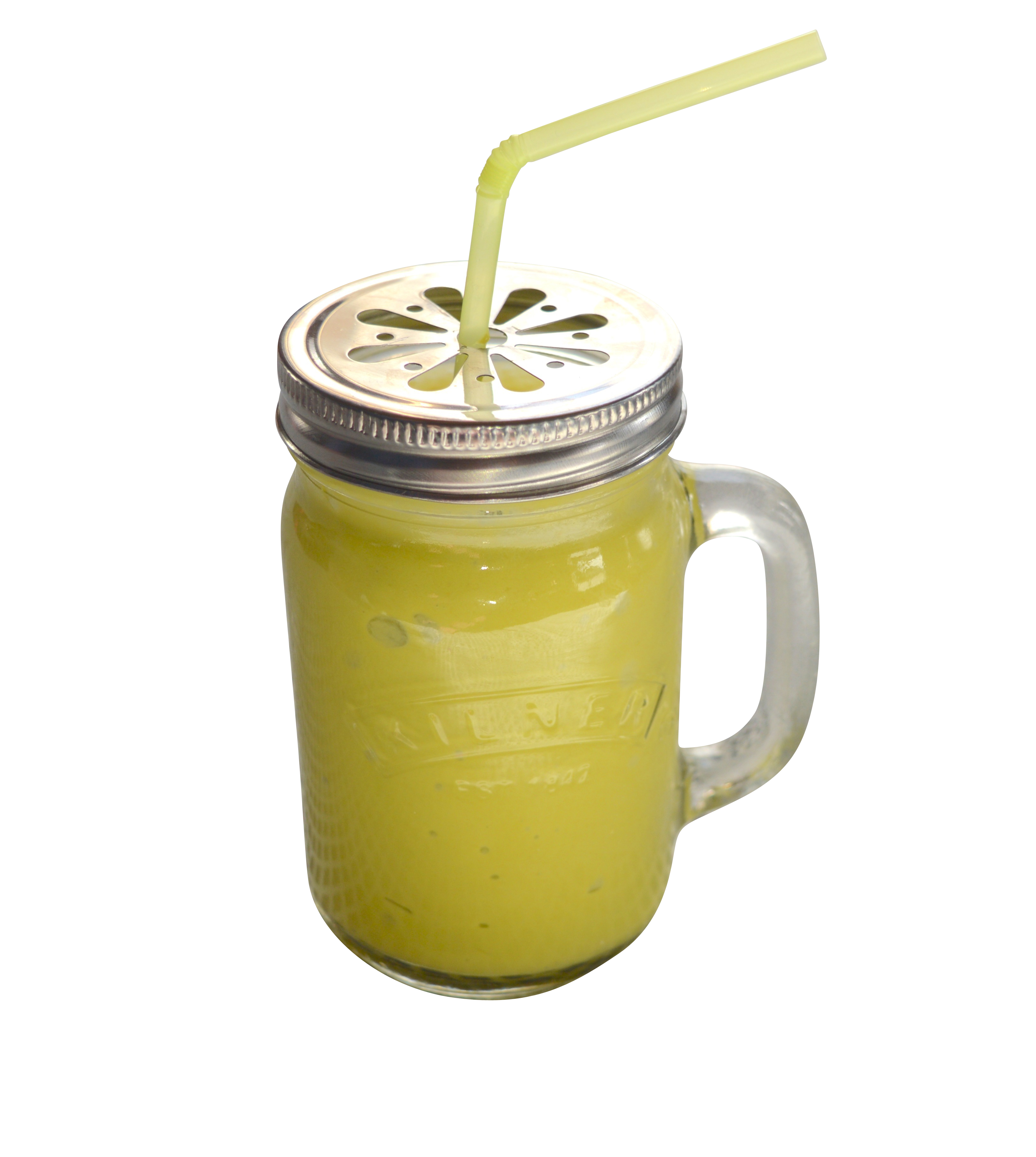 A Glass Jar With A Straw And A Yellow Liquid