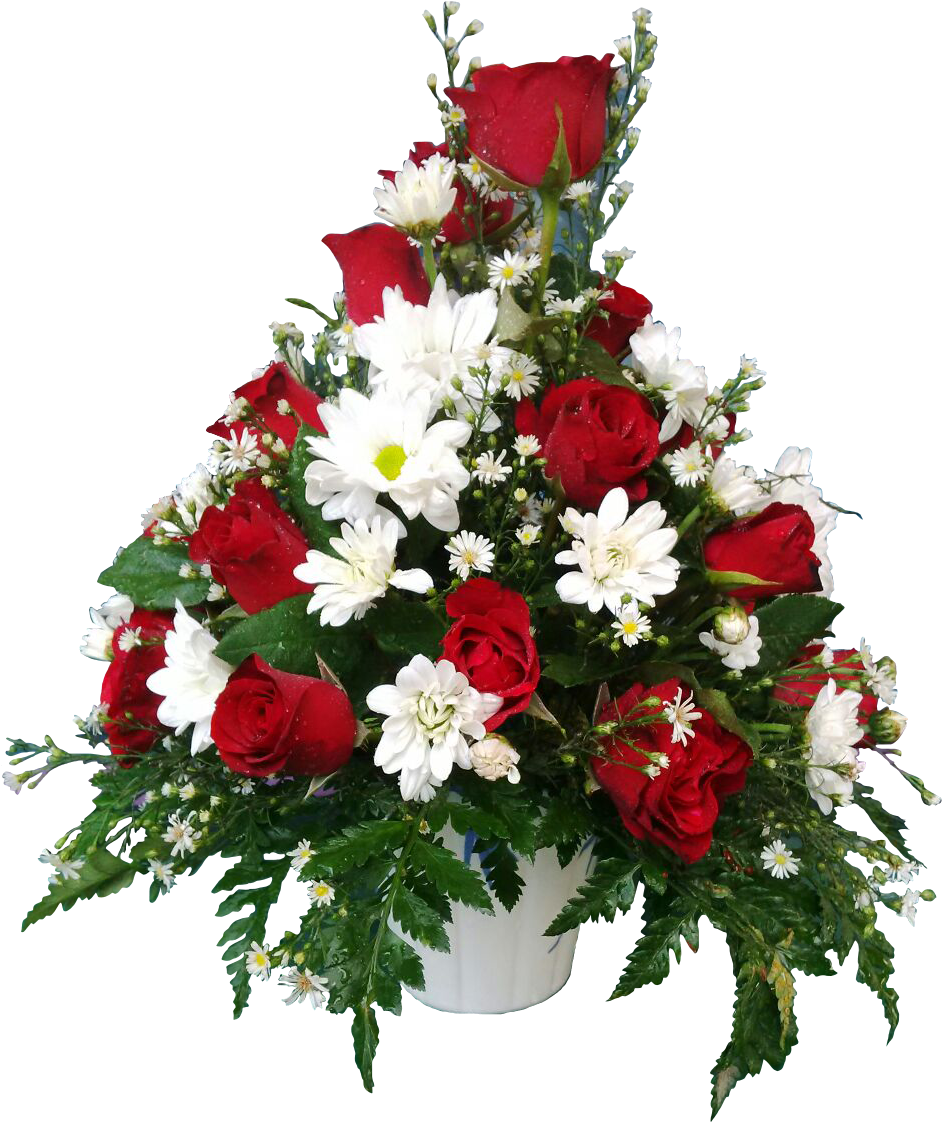 A Bouquet Of Red Roses And White Daisies