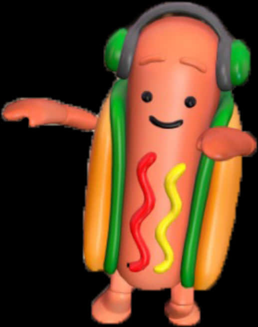 A Cartoon Hot Dog Wearing Headphones