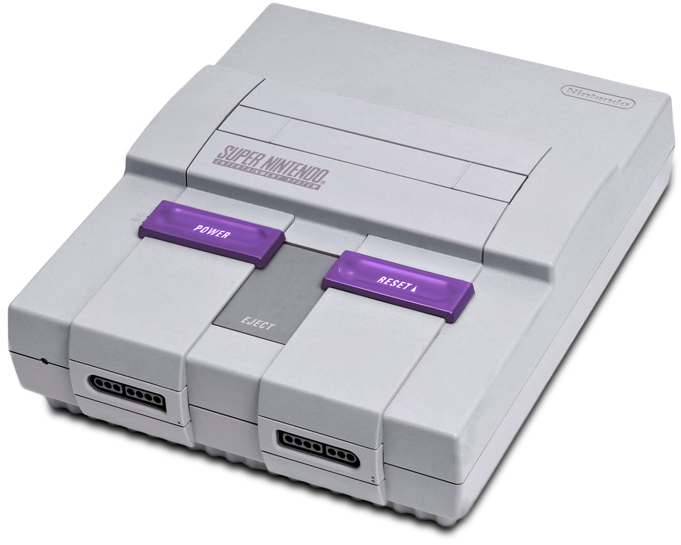 A White Gaming Console With Purple Buttons