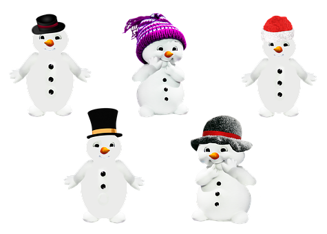 A Group Of Snowmen Wearing Hats