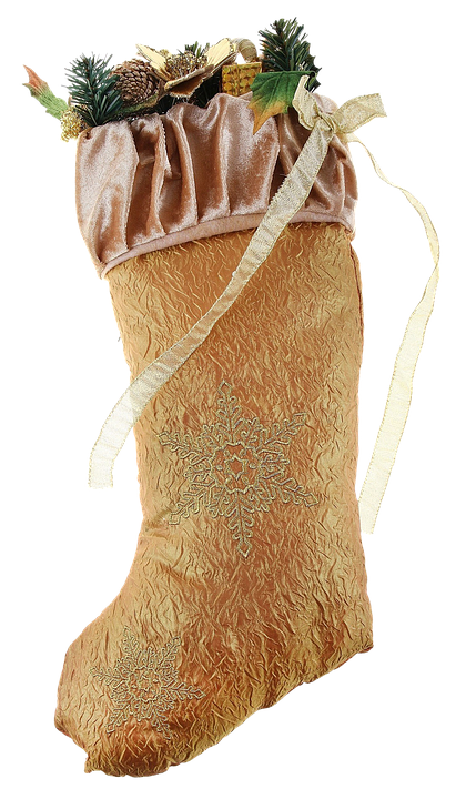A Gold Christmas Stocking With A Gold Ribbon