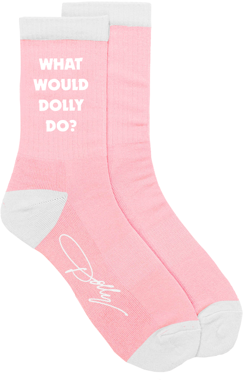 A Pair Of Pink Socks With White Text