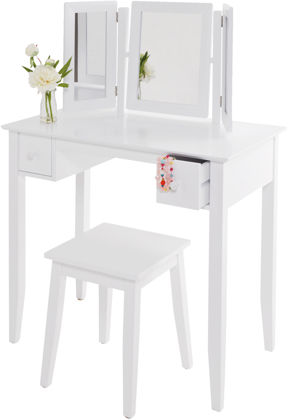 A White Table With A Mirror And Stool