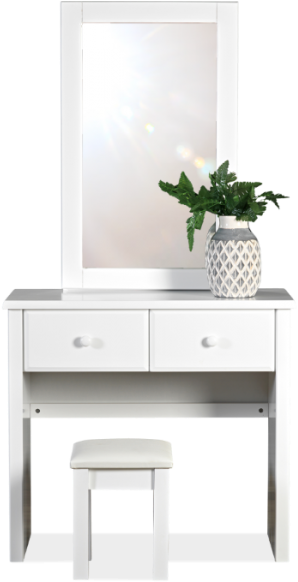A White Dresser With A Mirror And A Vase Of Plant