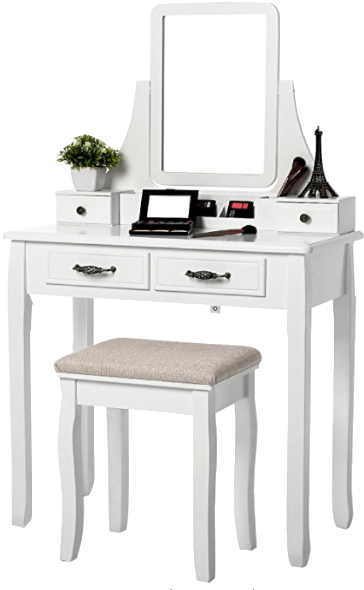 A White Vanity With A Mirror And A Stool