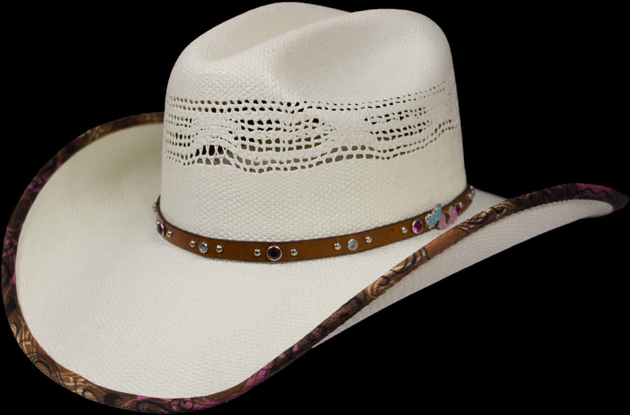A White Cowboy Hat With Brown Band
