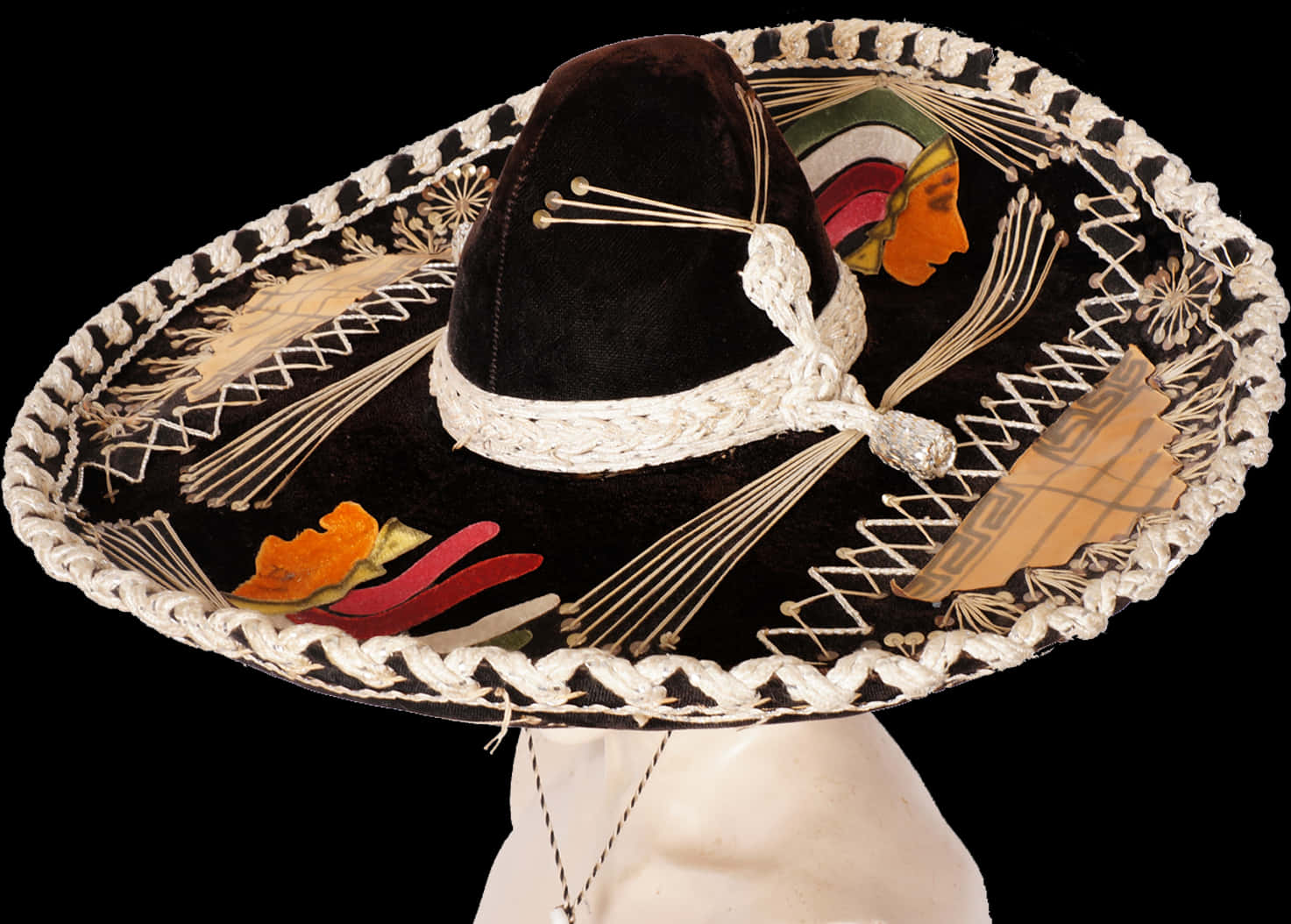 A Black And White Sombrero With A White Rope