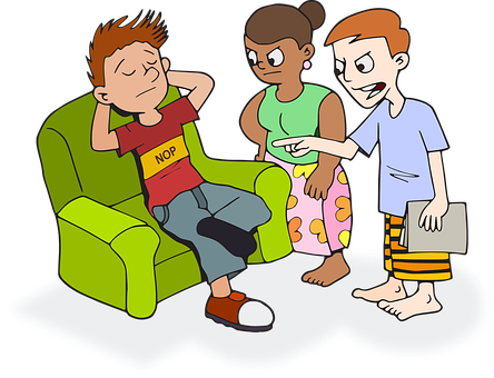 Cartoon Of A Boy Sitting On A Green Chair With A Group Of People Standing Around